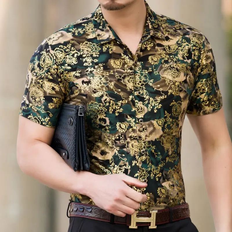 Middle-aged Men Floral Short Sleeve Ice Silk Shirt - Image 25