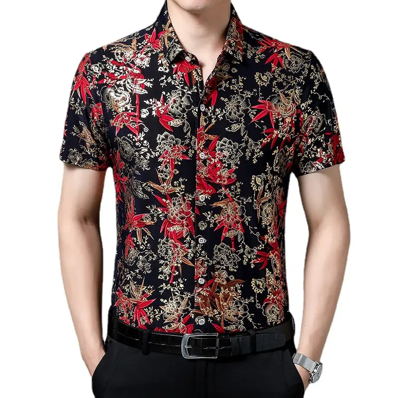 Middle-aged Men Floral Short Sleeve Ice Silk Shirt - Image 26