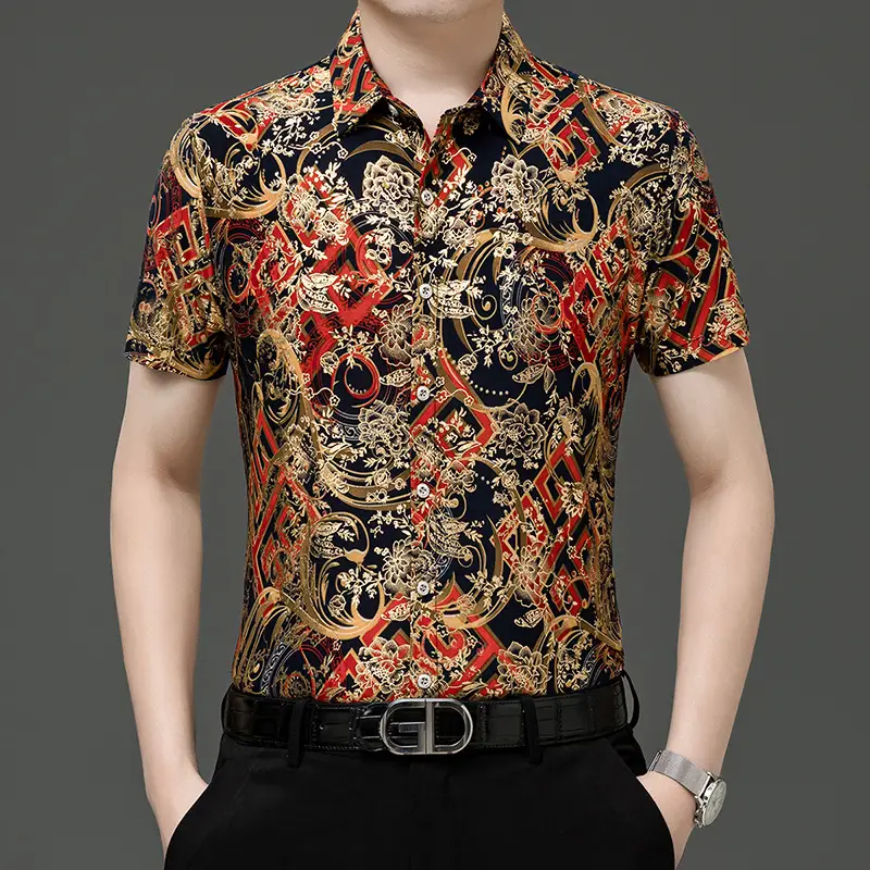 Middle-aged Men Floral Short Sleeve Ice Silk Shirt - Image 11