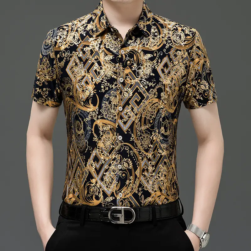 Middle-aged Men Floral Short Sleeve Ice Silk Shirt - Image 12