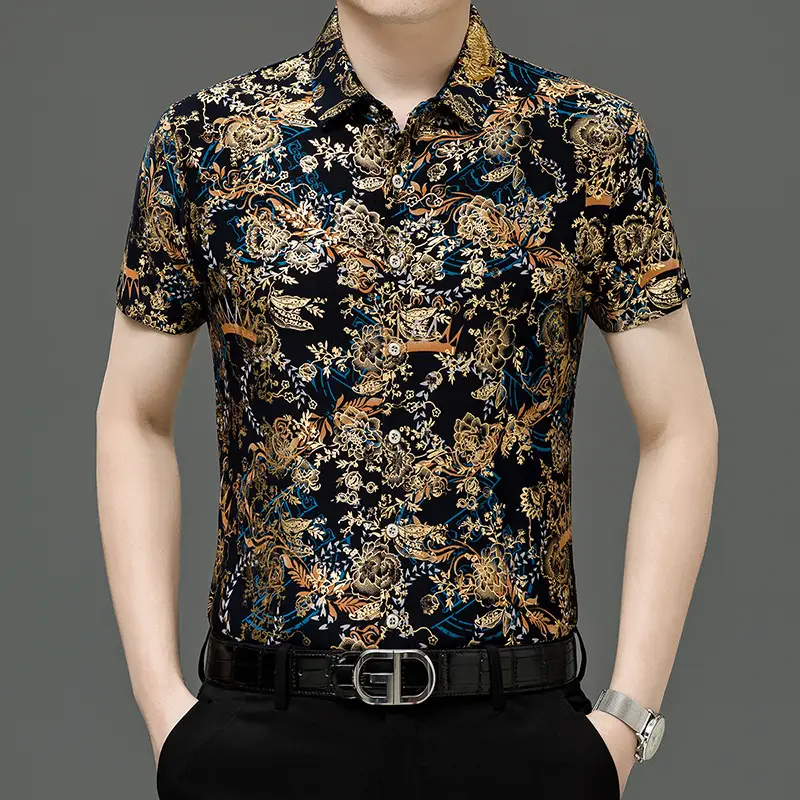 Middle-aged Men Floral Short Sleeve Ice Silk Shirt - Image 15