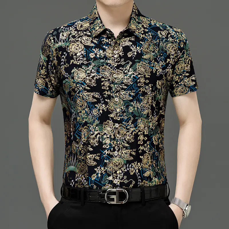 Middle-aged Men Floral Short Sleeve Ice Silk Shirt - Image 16