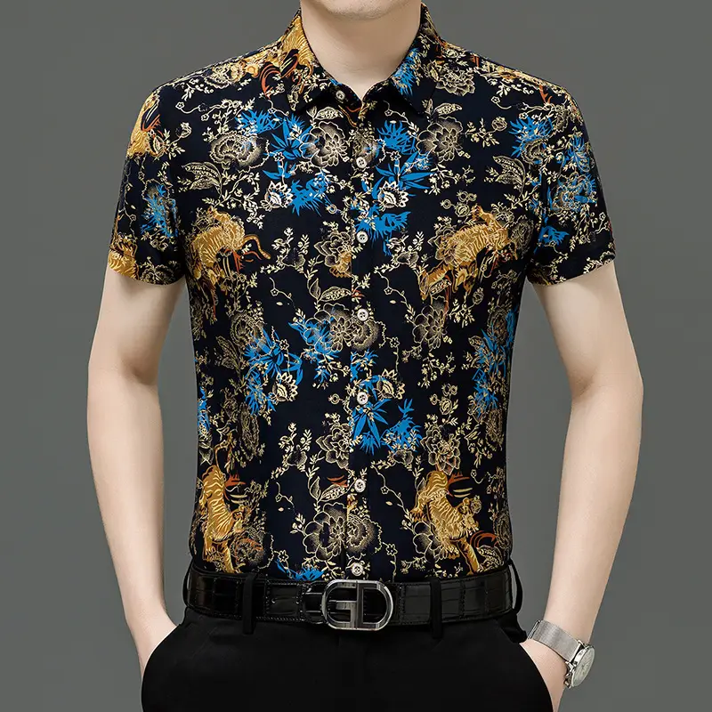 Middle-aged Men Floral Short Sleeve Ice Silk Shirt - Image 17