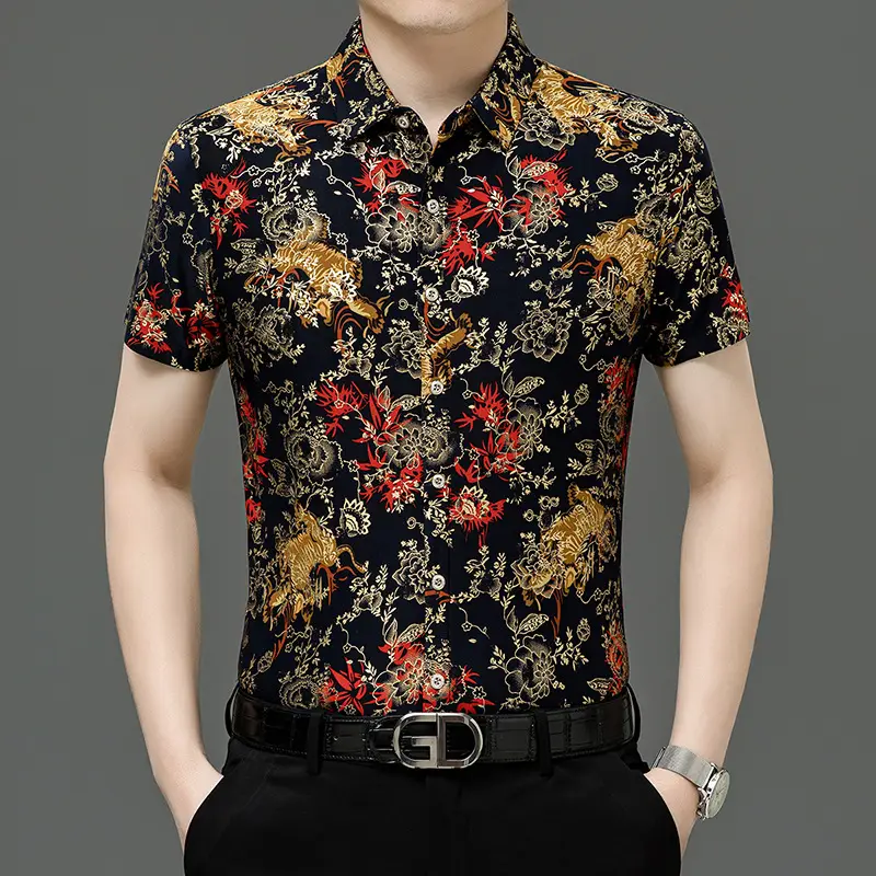 Middle-aged Men Floral Short Sleeve Ice Silk Shirt - Image 18