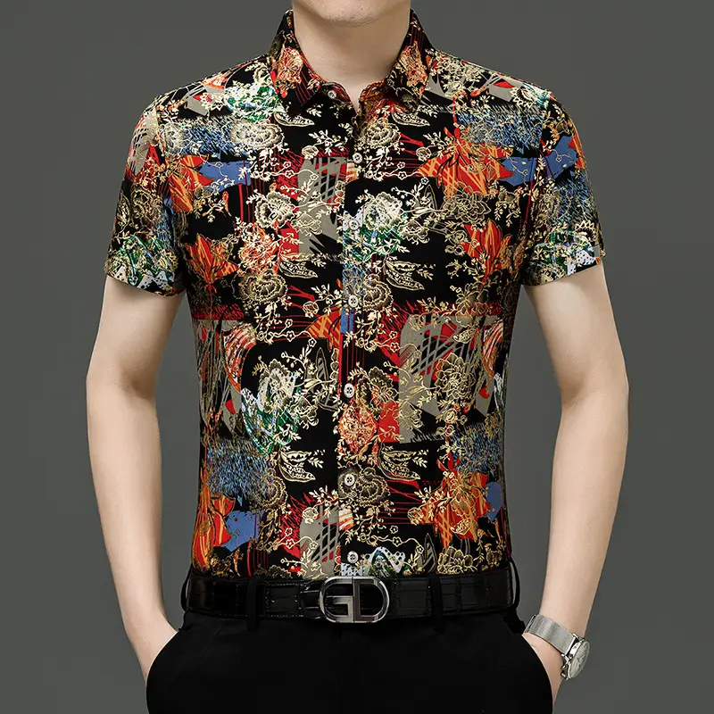 Middle-aged Men Floral Short Sleeve Ice Silk Shirt - Image 19