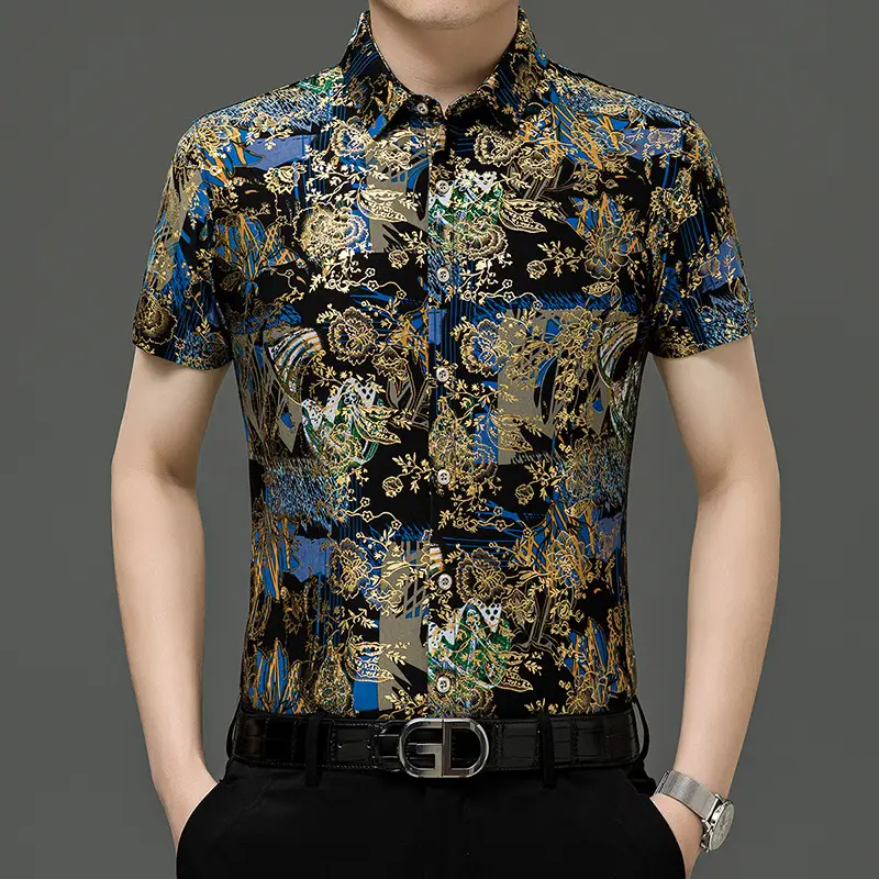 Middle-aged Men Floral Short Sleeve Ice Silk Shirt - Image 20