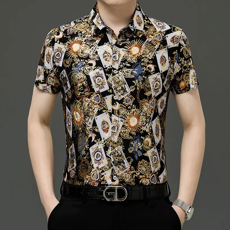 Middle-aged Men Floral Short Sleeve Ice Silk Shirt - Image 21