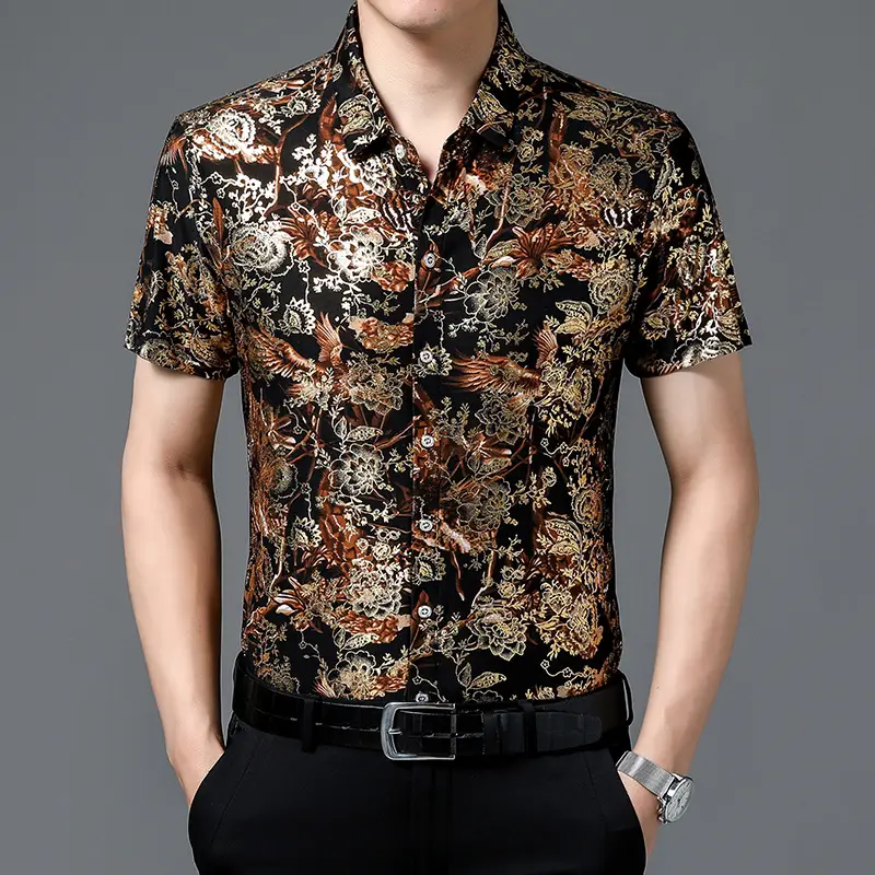 Middle-aged Men Floral Short Sleeve Ice Silk Shirt - Image 3
