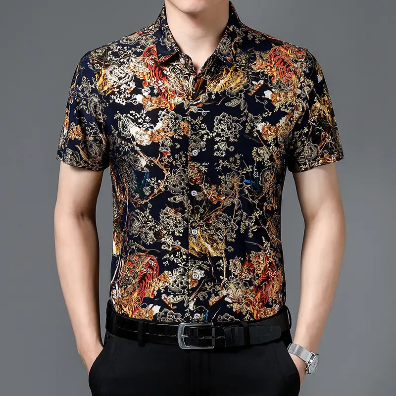 Middle-aged Men Floral Short Sleeve Ice Silk Shirt - Image 4