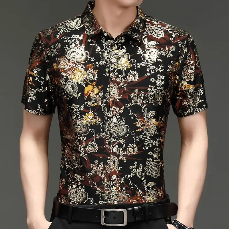 Middle-aged Men Floral Short Sleeve Ice Silk Shirt - Image 5