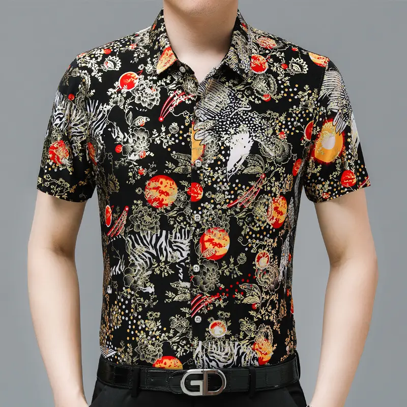 Middle-aged Men Floral Short Sleeve Ice Silk Shirt - Image 9