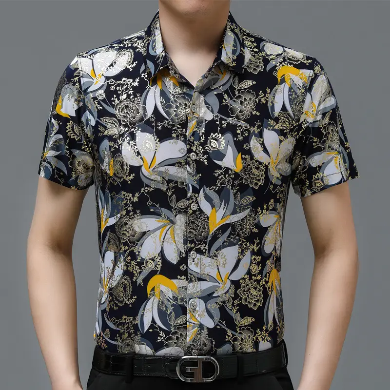Middle-aged Men Floral Short Sleeve Ice Silk Shirt - Image 10