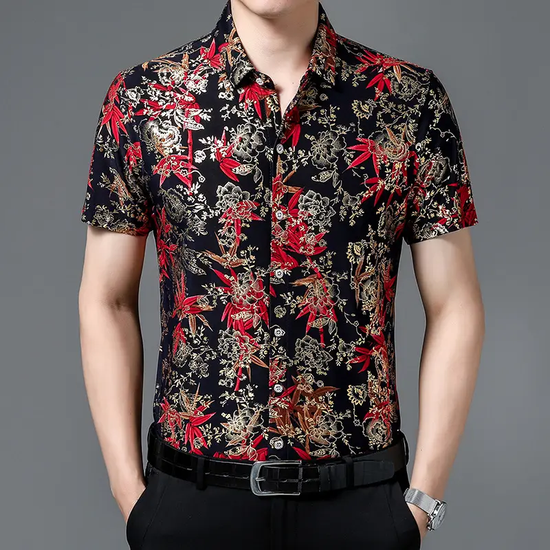 Middle-aged Men Floral Short Sleeve Ice Silk Shirt - Image 2
