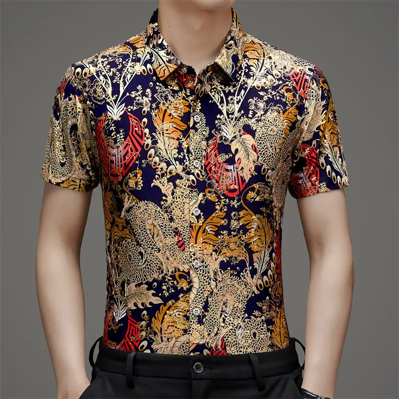 Middle-aged Men Floral Short Sleeve Ice Silk Shirt - Image 13