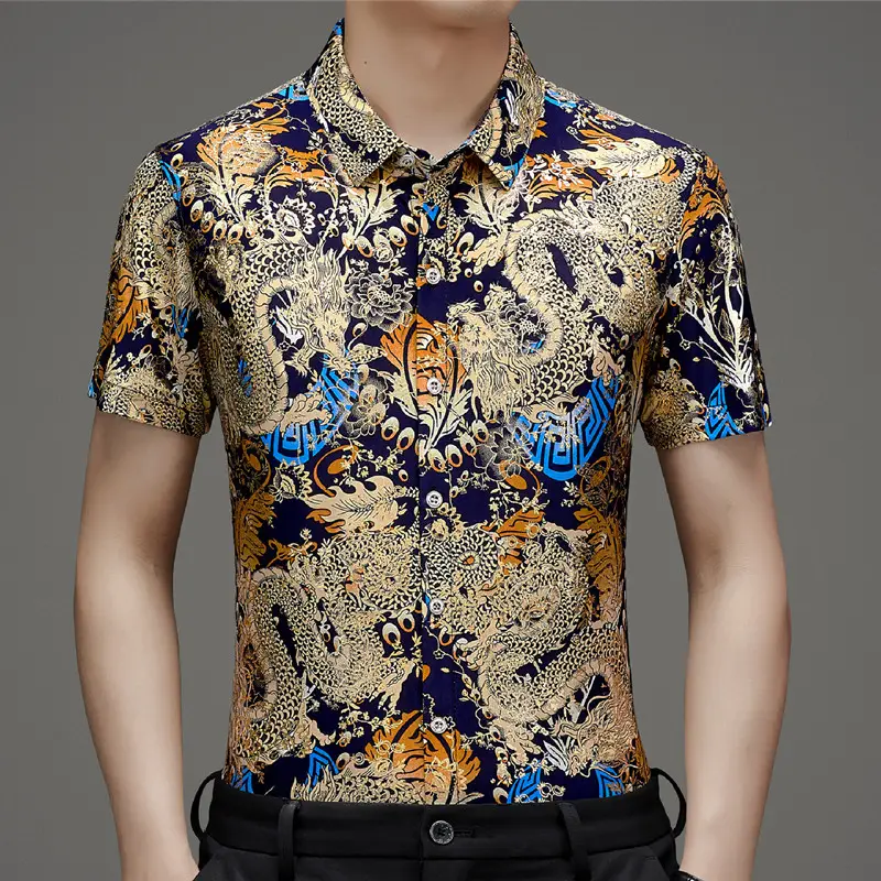 Middle-aged Men Floral Short Sleeve Ice Silk Shirt - Image 14