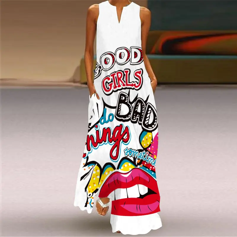 2022 V-Neck Letter Print Maxi Dress Black