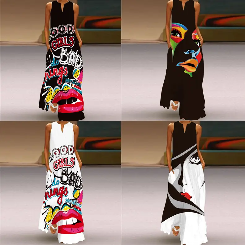 2022 V-Neck Letter Print Maxi Dress Black — feature 2