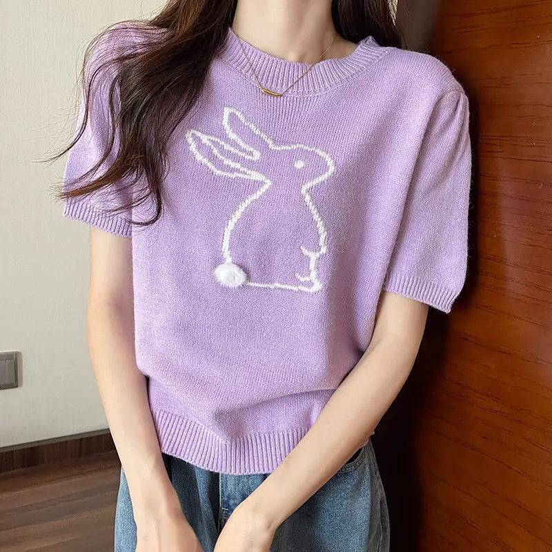 Korean Style Purple Rabbit Cashmere Short Sleeve Sweater