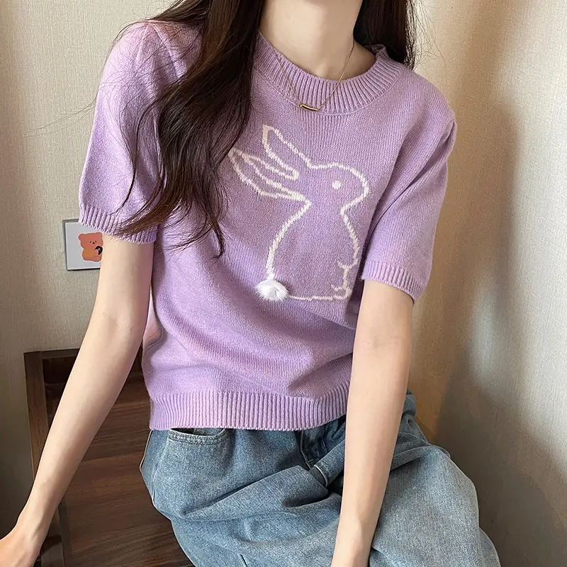 Korean Style Purple Rabbit Cashmere Short Sleeve Sweater