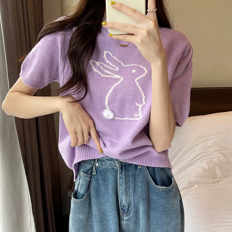 Korean Style Purple Rabbit Cashmere Short Sleeve Sweater