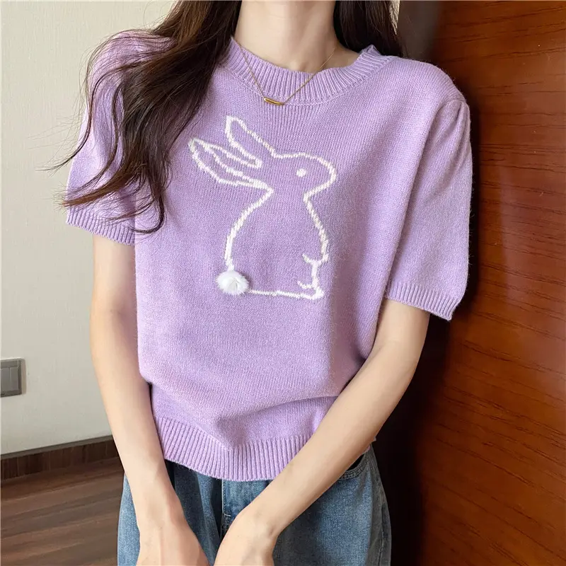 Korean Style Purple Rabbit Cashmere Short Sleeve Sweater — feature 10