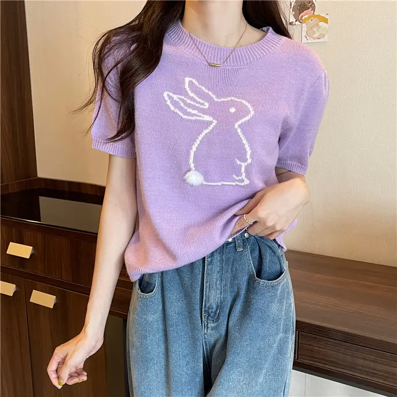 Korean Style Purple Rabbit Cashmere Short Sleeve Sweater — feature 11