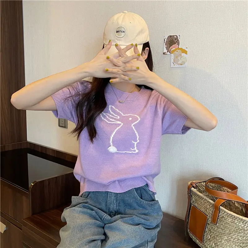 Korean Style Purple Rabbit Cashmere Short Sleeve Sweater — feature 12