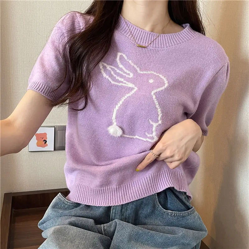 Korean Style Purple Rabbit Cashmere Short Sleeve Sweater — feature 13