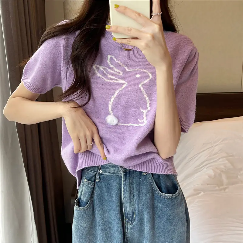 Korean Style Purple Rabbit Cashmere Short Sleeve Sweater — feature 14