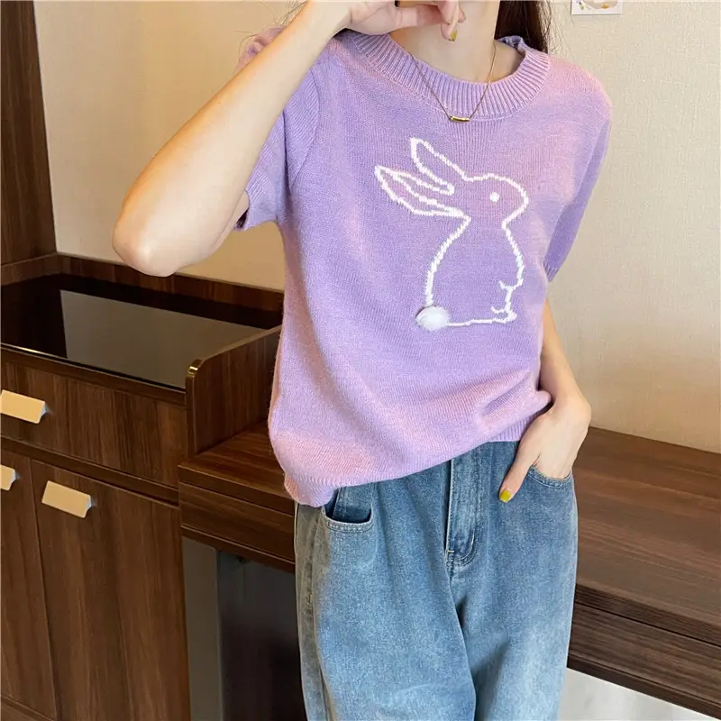 Korean Style Purple Rabbit Cashmere Short Sleeve Sweater — feature 15