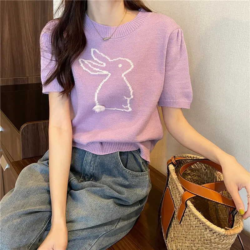 Korean Style Purple Rabbit Cashmere Short Sleeve Sweater — feature 16