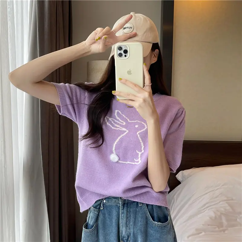 Korean Style Purple Rabbit Cashmere Short Sleeve Sweater — feature 5