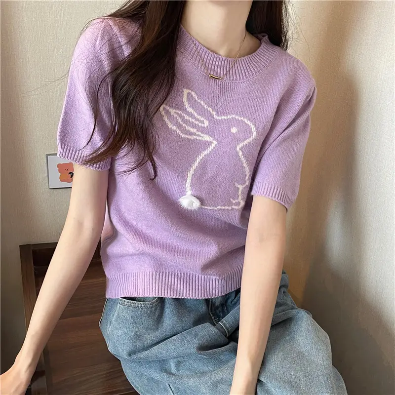 Korean Style Purple Rabbit Cashmere Short Sleeve Sweater — feature 6