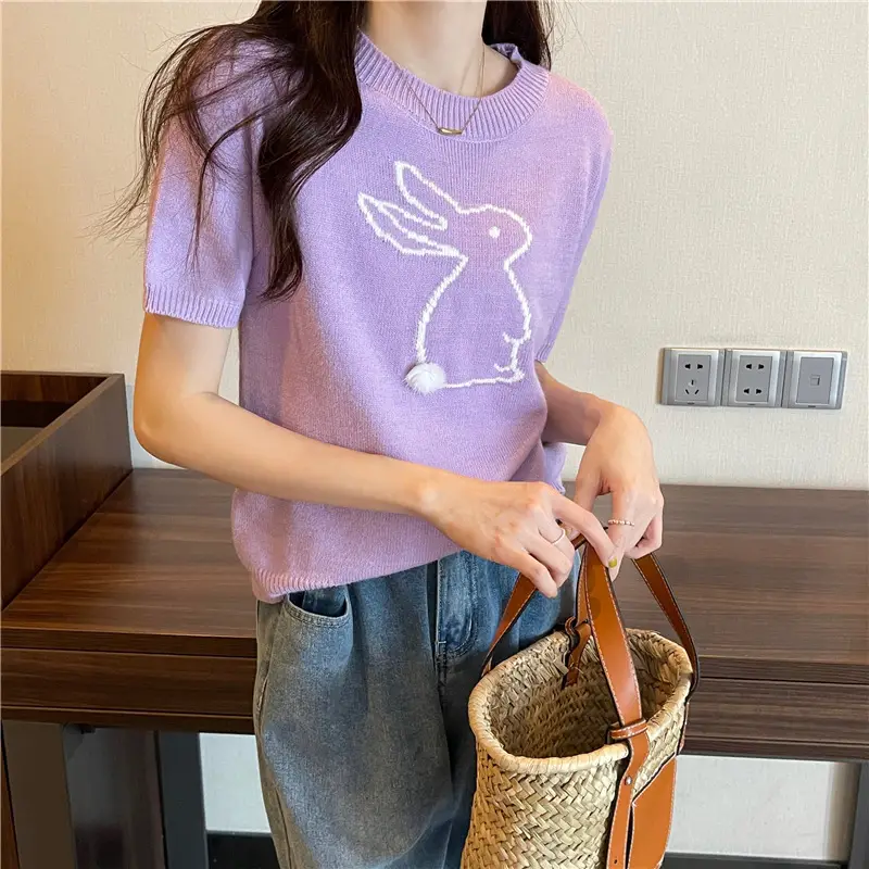Korean Style Purple Rabbit Cashmere Short Sleeve Sweater — feature 7