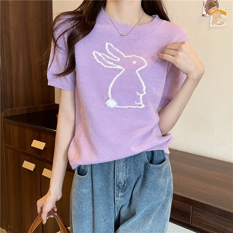 Korean Style Purple Rabbit Cashmere Short Sleeve Sweater — feature 8