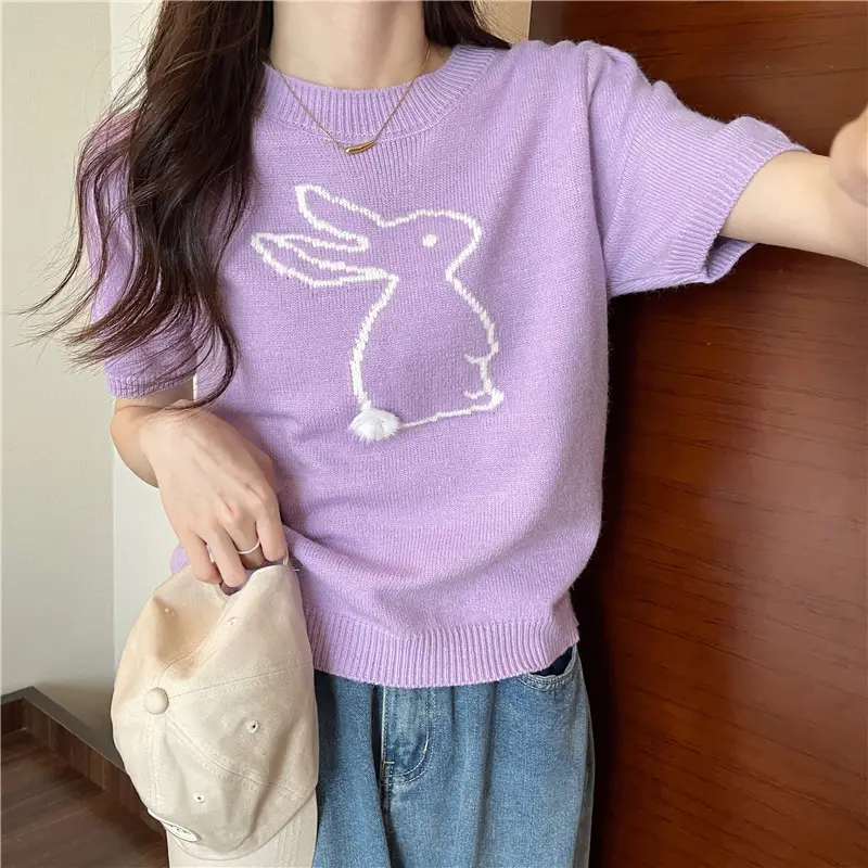 Korean Style Purple Rabbit Cashmere Short Sleeve Sweater — feature 9