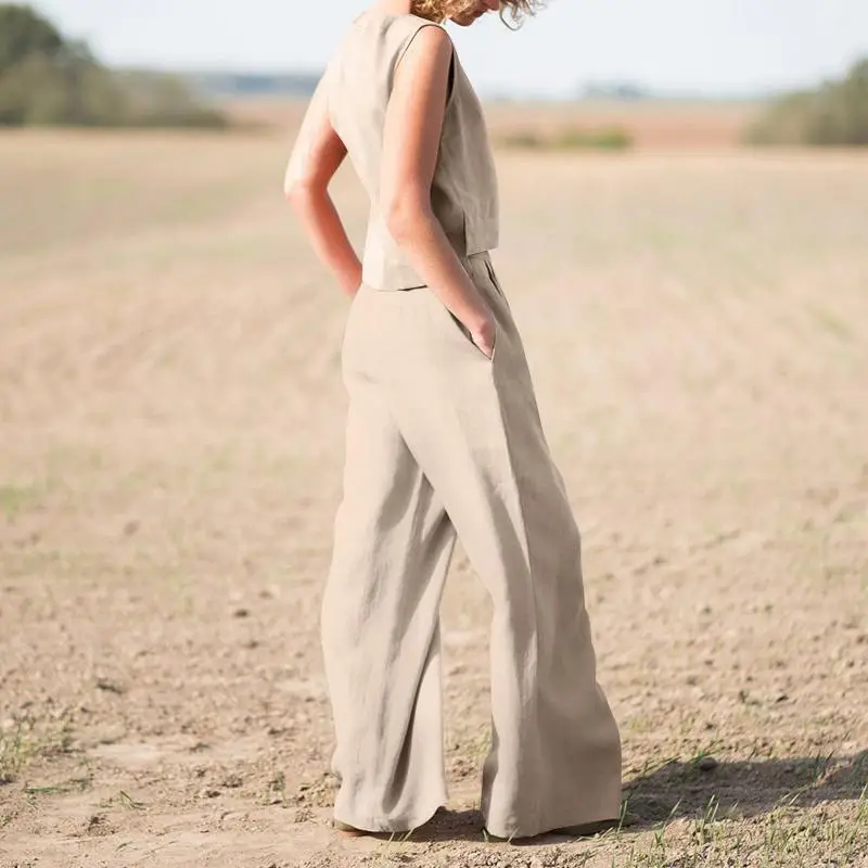 2023 Cotton Linen Pants Suit for Women Solid Color