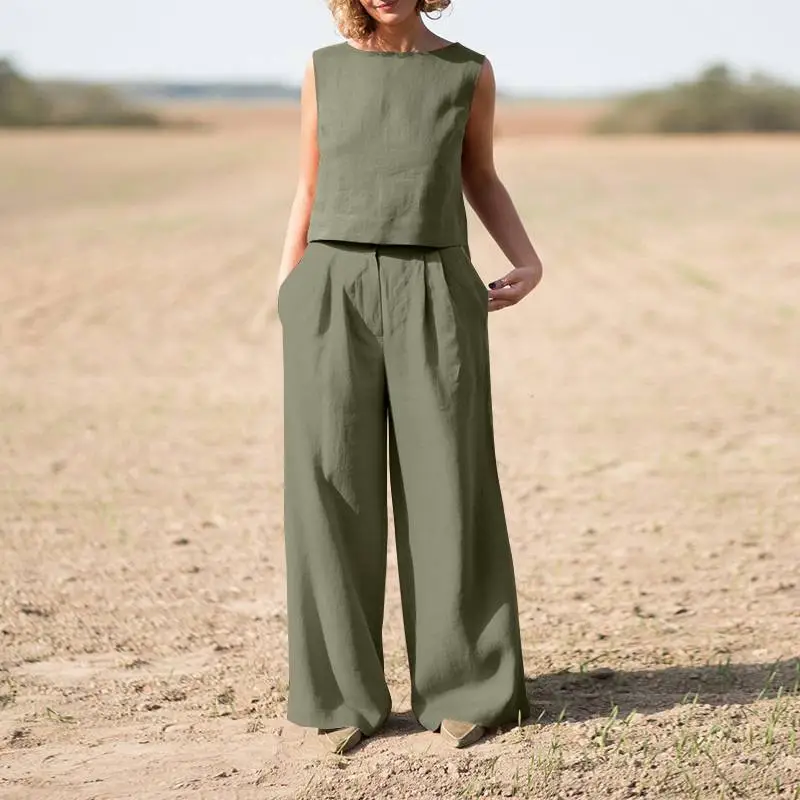2023 Cotton Linen Pants Suit for Women Solid Color