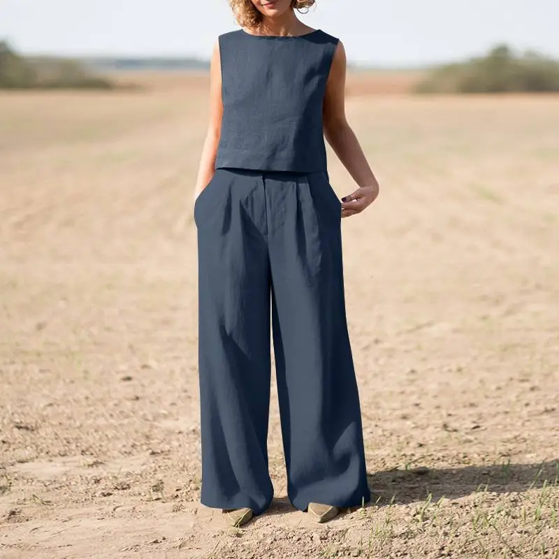 2023 Cotton Linen Pants Suit for Women Solid Color