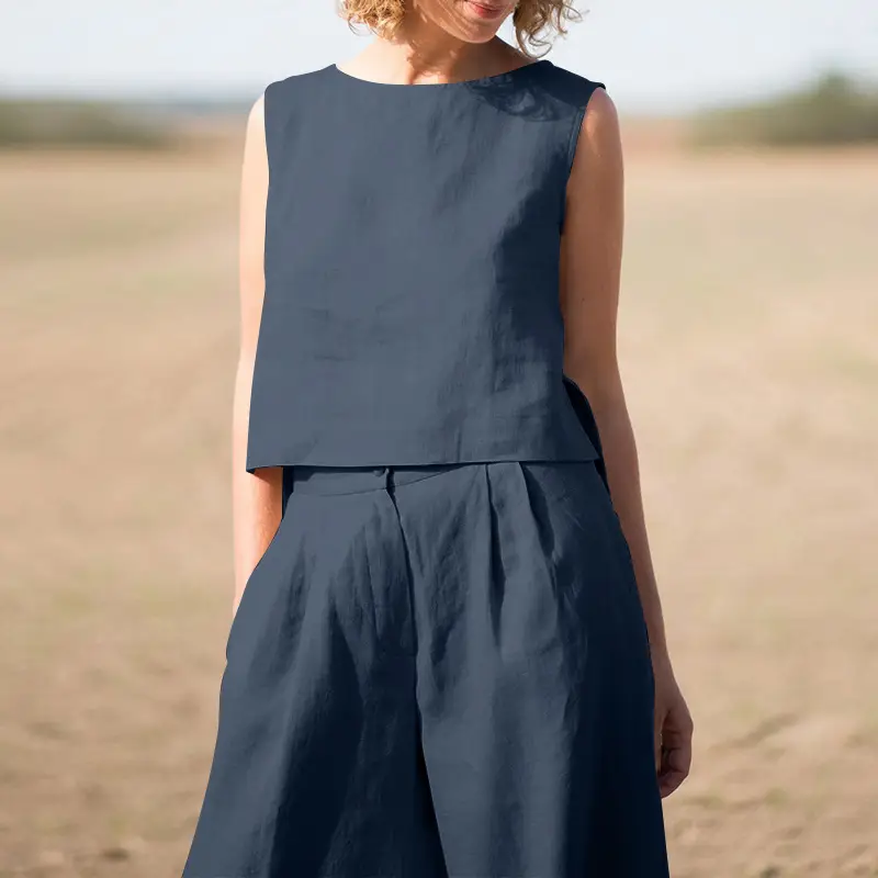 2023 Cotton Linen Pants Suit for Women Solid Color