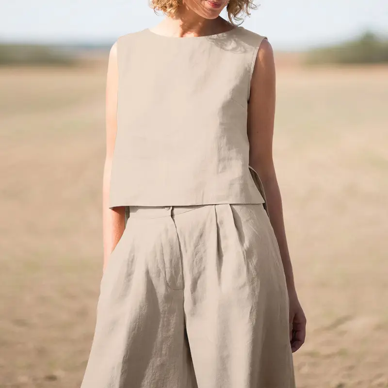 2023 Cotton Linen Pants Suit for Women Solid Color