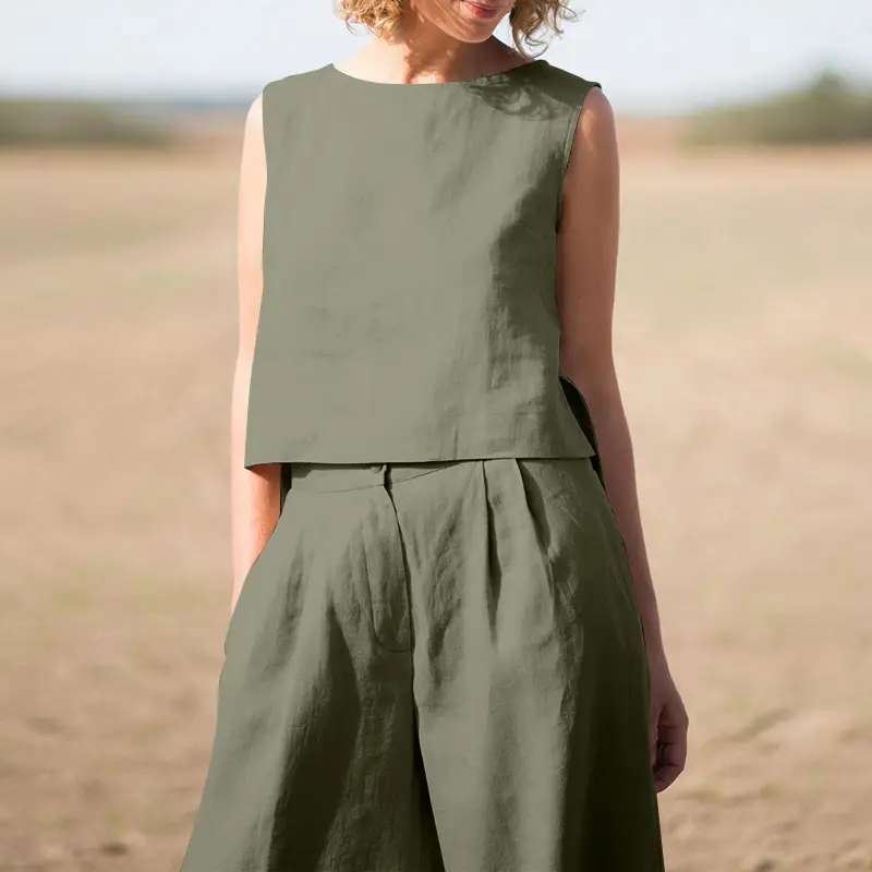 2023 Cotton Linen Pants Suit for Women Solid Color