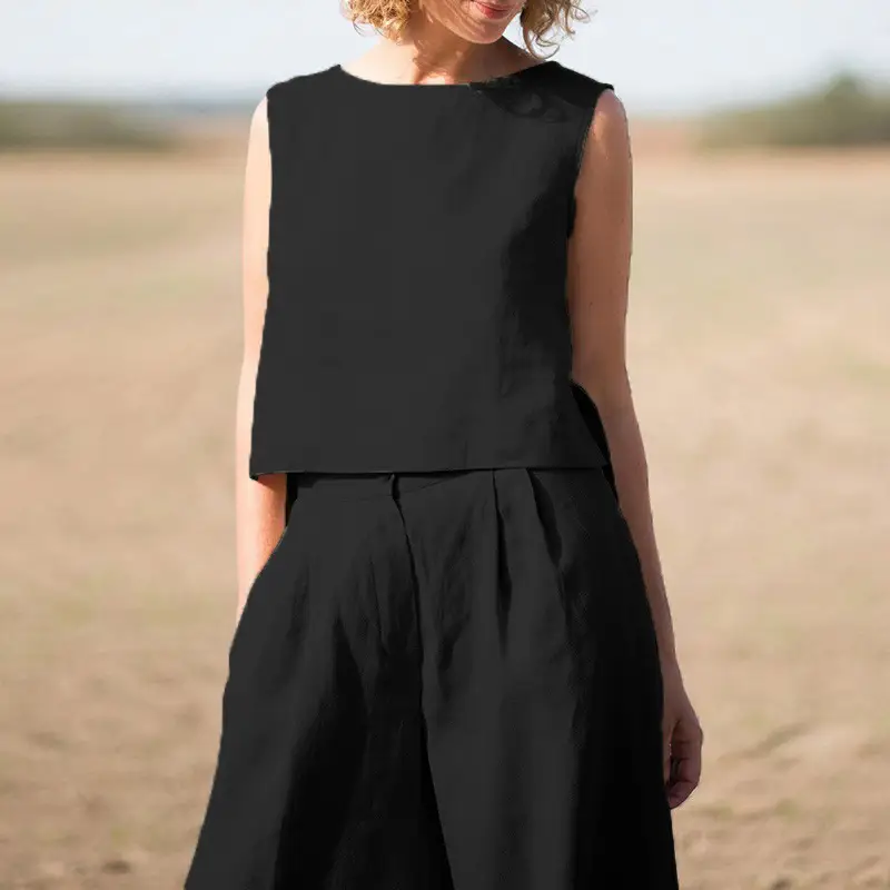 2023 Cotton Linen Pants Suit for Women Solid Color