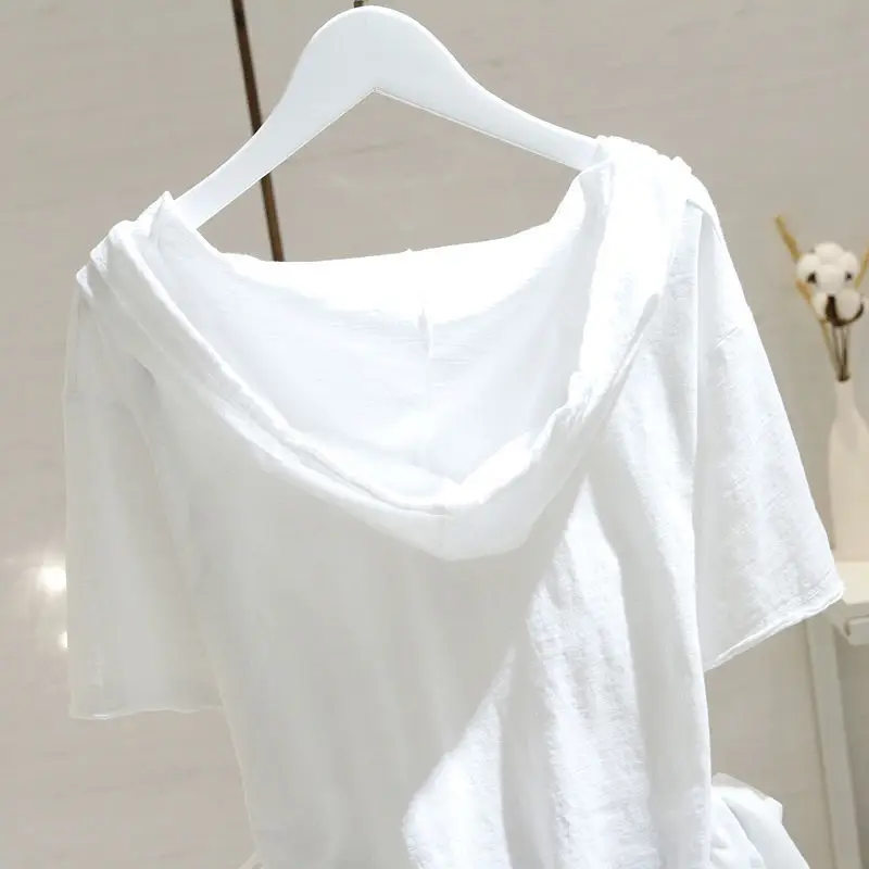 White Hooded Short Sleeve T-Shirt for Women 2025 Spring Summer - Image 6