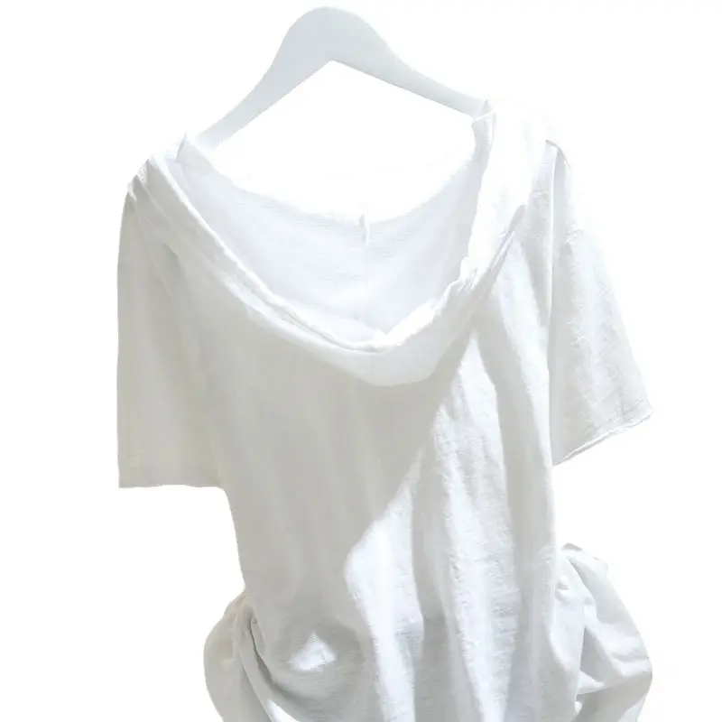 White Hooded Short Sleeve T-Shirt for Women 2025 Spring Summer - Image 7