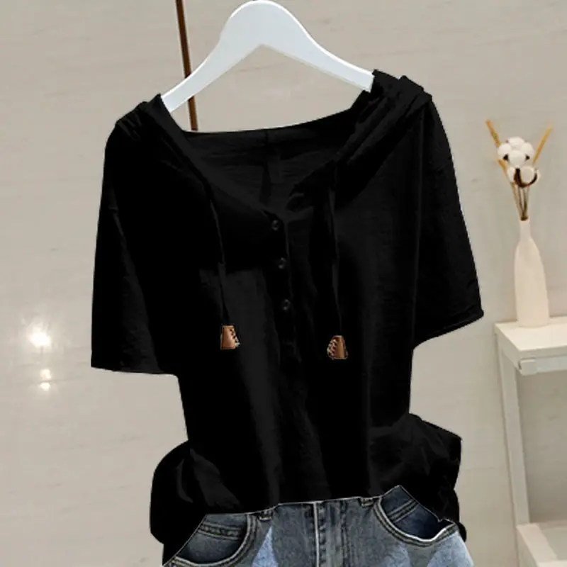 White Hooded Short Sleeve T-Shirt for Women 2025 Spring Summer - Image 2