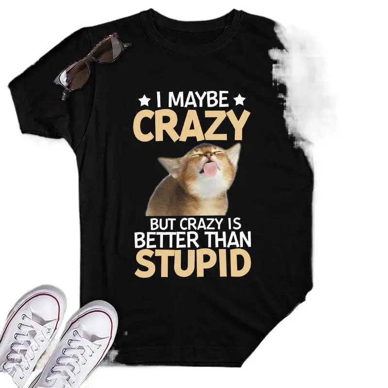 Crazy Cat Printed T-Shirt Black Women's Short Sleeve - Image 2