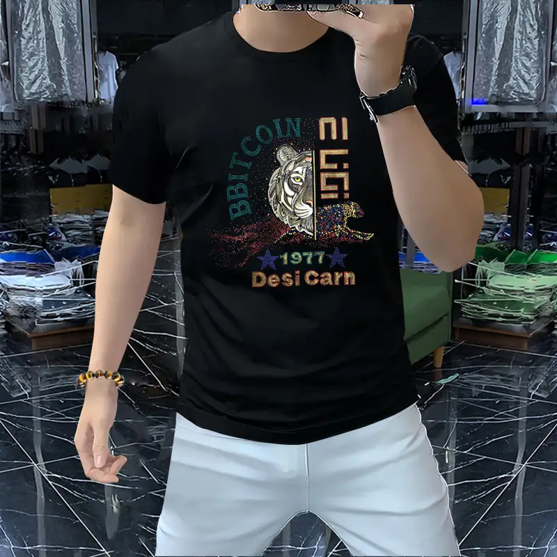 Men 2023 Tiger Print T-Shirt Black Short Sleeve - Image 3