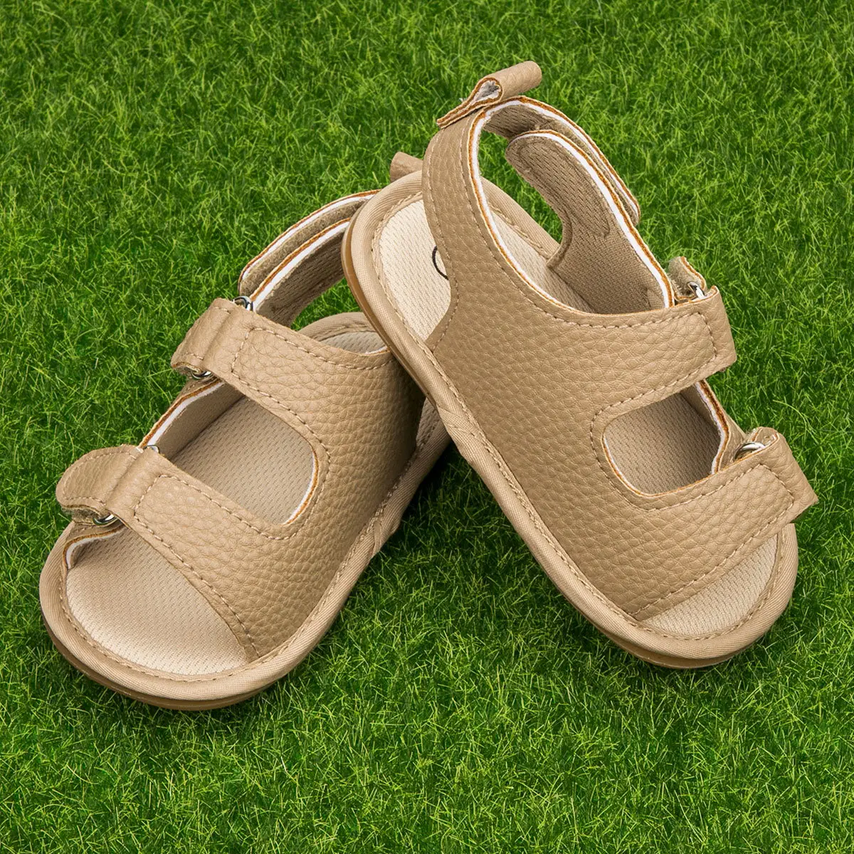 Baby Peep Toe Velcro Sandals Beige Anti-Slip Rubber