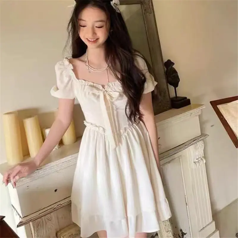 Women Square Neck Puff Sleeve Skirt Dress White 2024